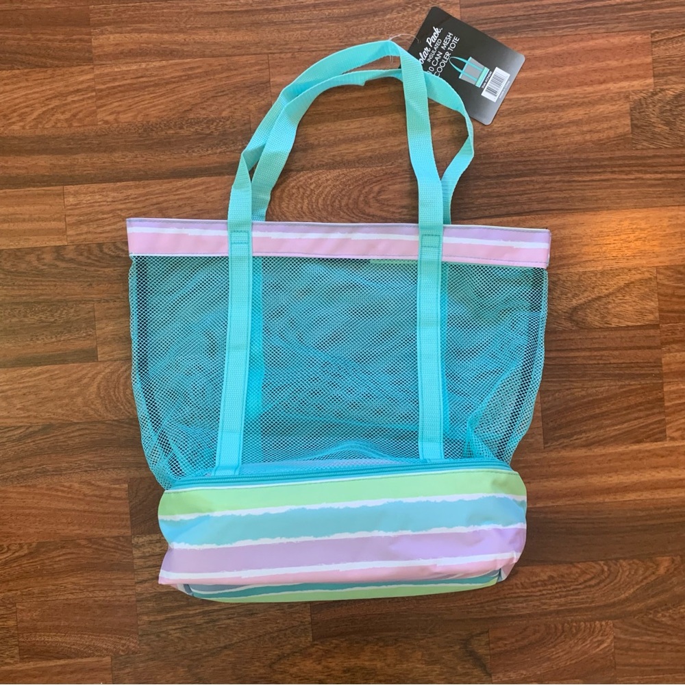 Polar Pack Insulated 10 Can Mesh Cooler Tote Zipper Compartment Striped NEW